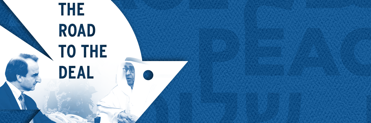 White dove over a dark blue background with peace written in three languages: Hebrew, Arabic, and English. Photo inside the dove reads "The Road to the Deal" and shows an image of AJC Chief Policy and Political Affairs Officer Jason Isaacson with His Highness Shaikh Mohammed Bin Mubarak Al-Khalifa, former Deputy Prime Minister of Bahrain