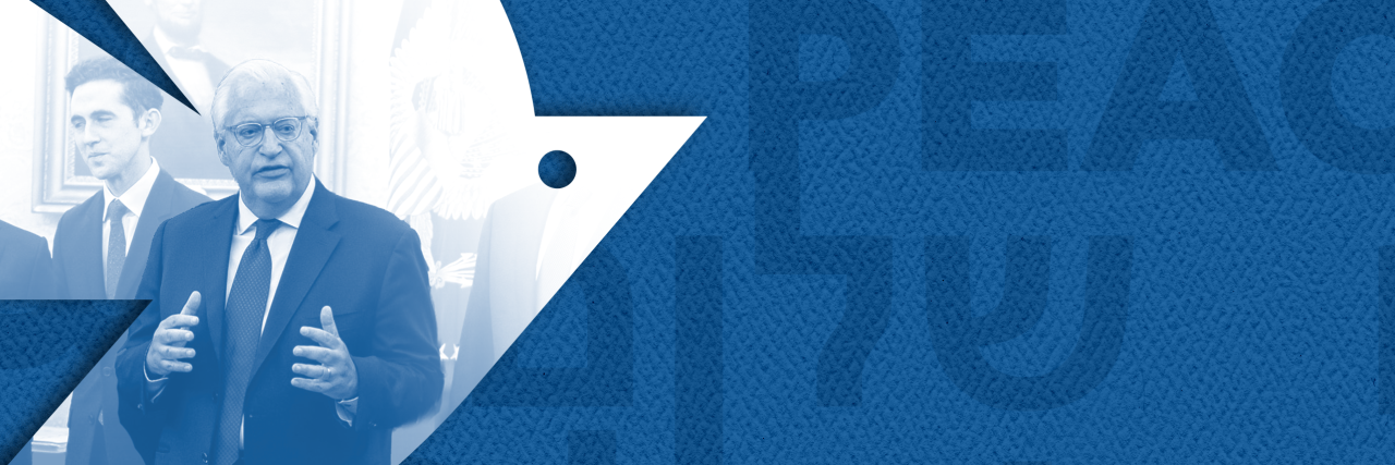 Image of Ambassador David Friedman in the oval office, gesticulating. White dove over a dark blue background with peace written in three languages: Hebrew, English, and Arabic