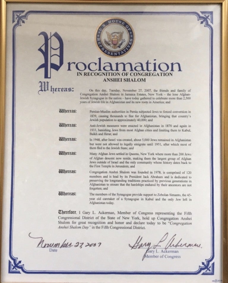 Declaration from Congress recognizing Anshei Shalom as one of the oldest Jewish Communities in the world.