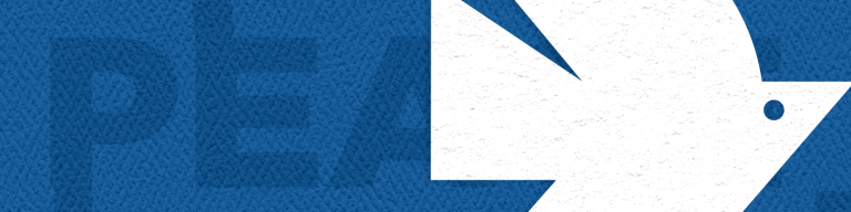White dove over a dark blue background with peace written in three languages: Hebrew, Arabic, and English.