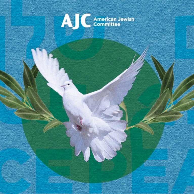 Blue background with a dove flying with olive branches over a green circle | AJC - American Jewish Committee