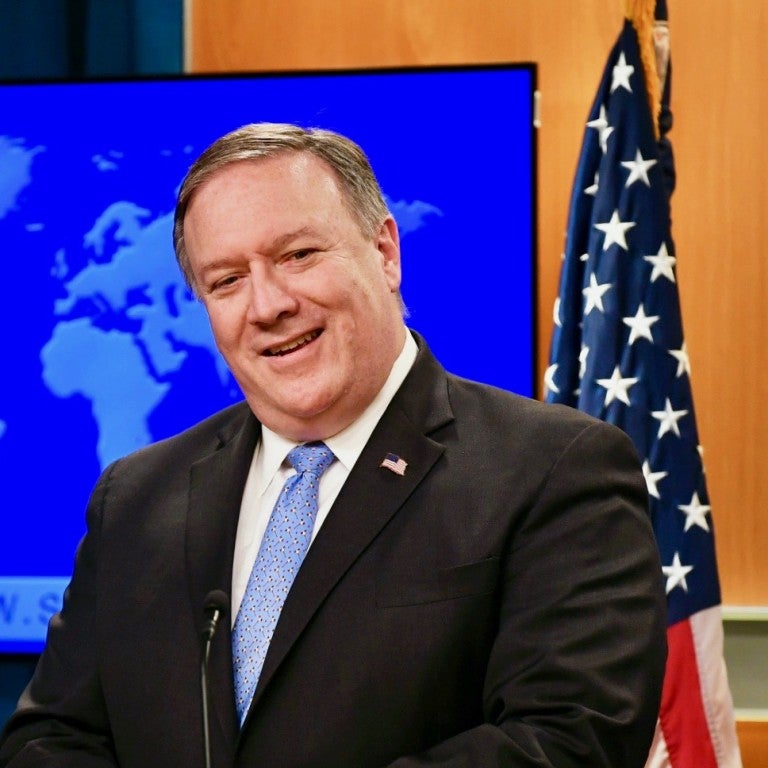 Photo of Secretary of State Pompeo behind a podium