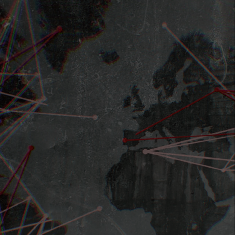 Darkened map graphic with lines connecting different continents