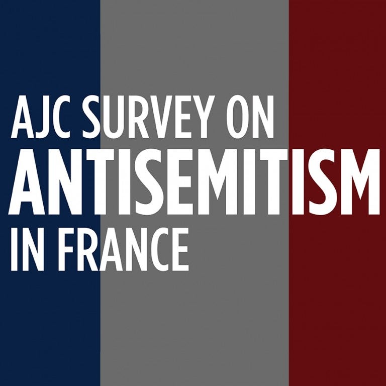 Graphic with French Flag and text that reads "AJC Survey on antisemitism in France"