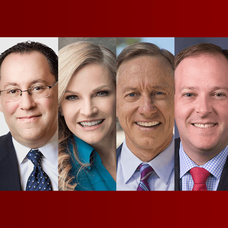 Headshots of Matt Brooks, Executive Director, Republican Jewish Coalition and the Jewish Policy Center, Kirsten Fontenrose, Director, Scowcroft Middle East Security Initiative at the Atlantic Council, Mayor John Giles, Mesa, Arizona, Representative Lee Zeldin (R-NY), Member, House Committee on Foreign Affairs