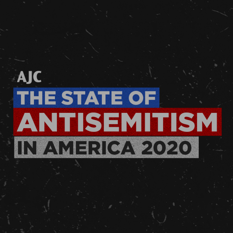 "The State of Antisemitism in America 2020" written on a dark gray with a small AJC logo