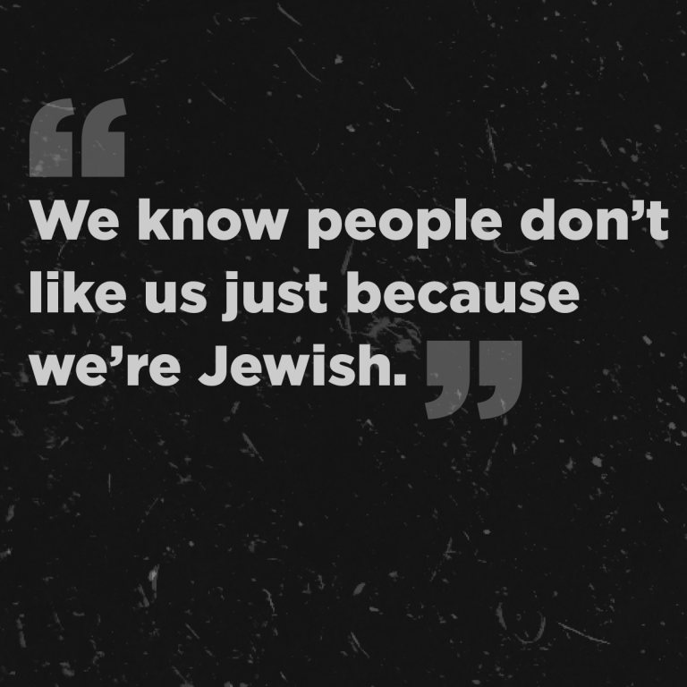"We know people don't like us just because we're Jewish" on a dark background with an AJC American Jewish Committee Logo