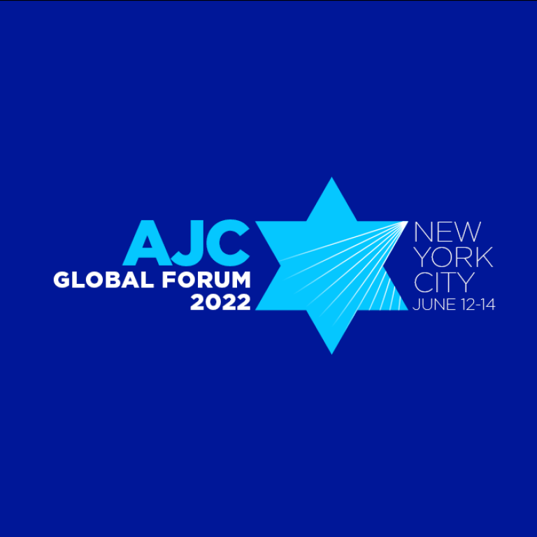 Graphic saying AJC Global Forum 2022 in New York City - June 12-14 on a dark blue background with a light blue Star of David 
