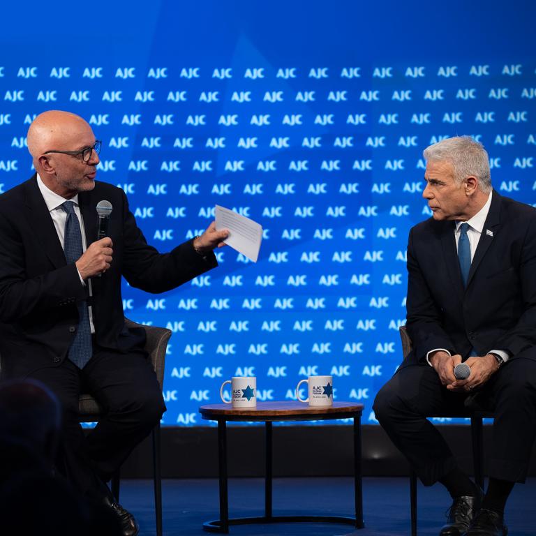 AJC CEO Ted Deutch and Israeli Opposition Leader Yair Lapid speaking at AJC Global Forum 2023
