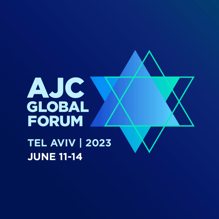 Graphic saying AJC Global Forum 2023 in Tel Aviv 2023 - June 11-14 on a dark blue background with Stars of David