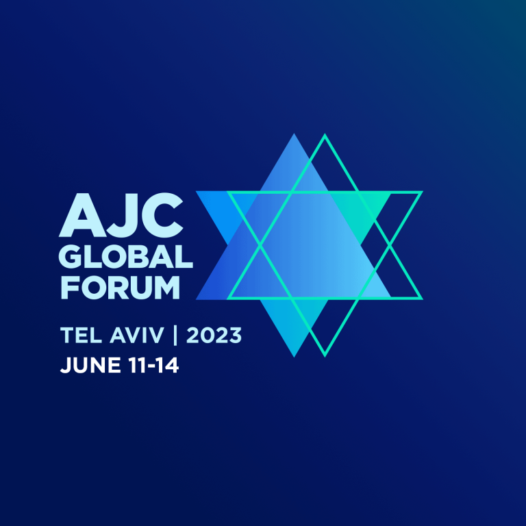 Graphic saying AJC Global Forum 2023 in Tel Aviv 2023 - June 11-14 on a dark blue background with Stars of David