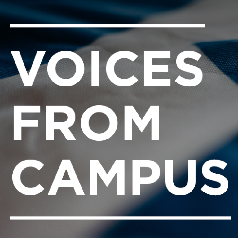 Graphic saying Voices From Campus over the Israeli flag