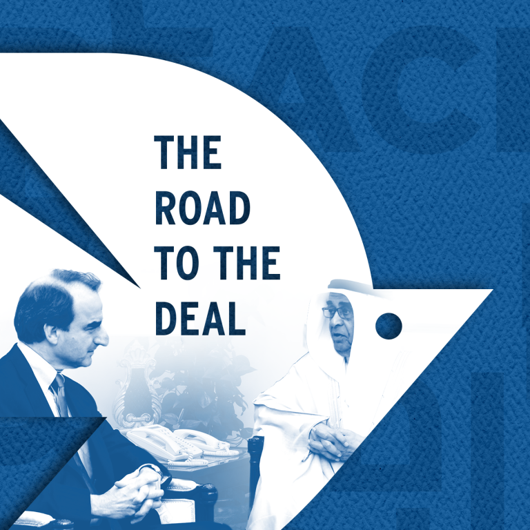 White dove over a dark blue background with peace written in three languages: Hebrew, Arabic, and English. Photo inside the dove reads "The Road to the Deal" and shows an image of AJC Chief Policy and Political Affairs Officer Jason Isaacson with His Highness Shaikh Mohammed Bin Mubarak Al-Khalifa, former Deputy Prime Minister of Bahrain