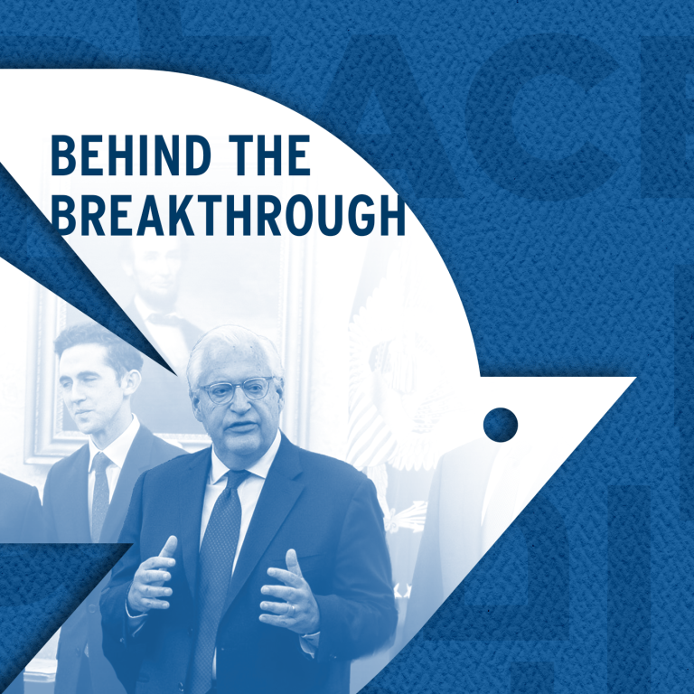 Image of Ambassador David Friedman in the oval office, gesticulating. White dove over a dark blue background with peace written in three languages: Hebrew, English, and Arabic