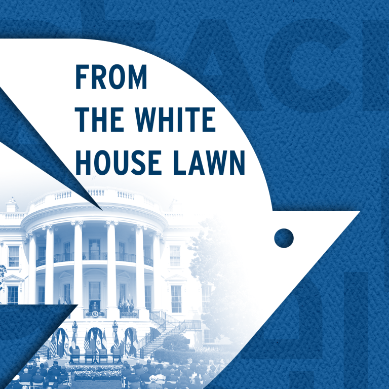 White dove over a dark blue background with peace written in three languages: Hebrew, Arabic, and English. Photo inside the dove reads "From the White House Lawn" and shows an image of the White House lawn on September 15, 2020 at the signing of the Abraham Accords.