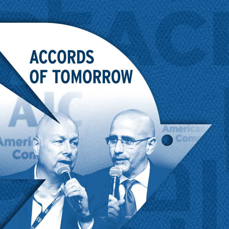 White dove over a dark blue background with peace written in three languages: Hebrew, Arabic, and English. Photo inside the dove reads "Accords of Tomorrow" and shows an image of Dan Shapiro and Jason Greenblatt.
