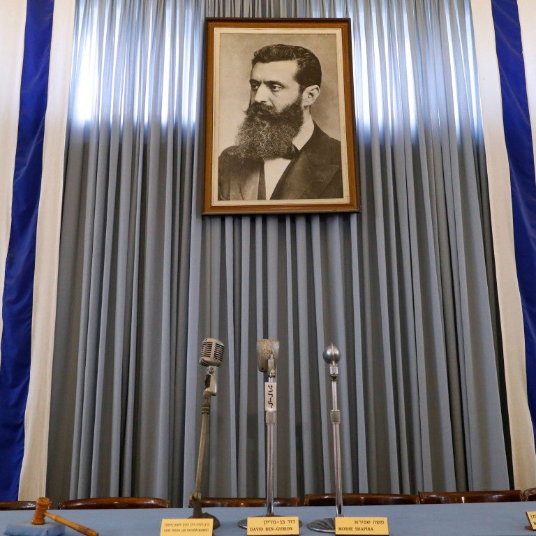 Portrait of Theodor Herzl with two Israeli Flags