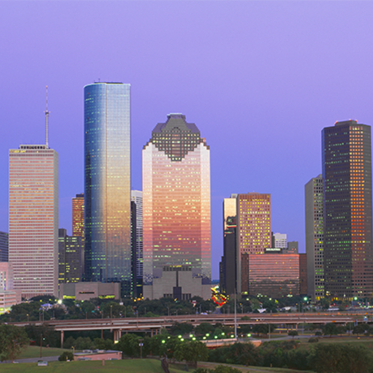 Photo of Houston skyline at sunset